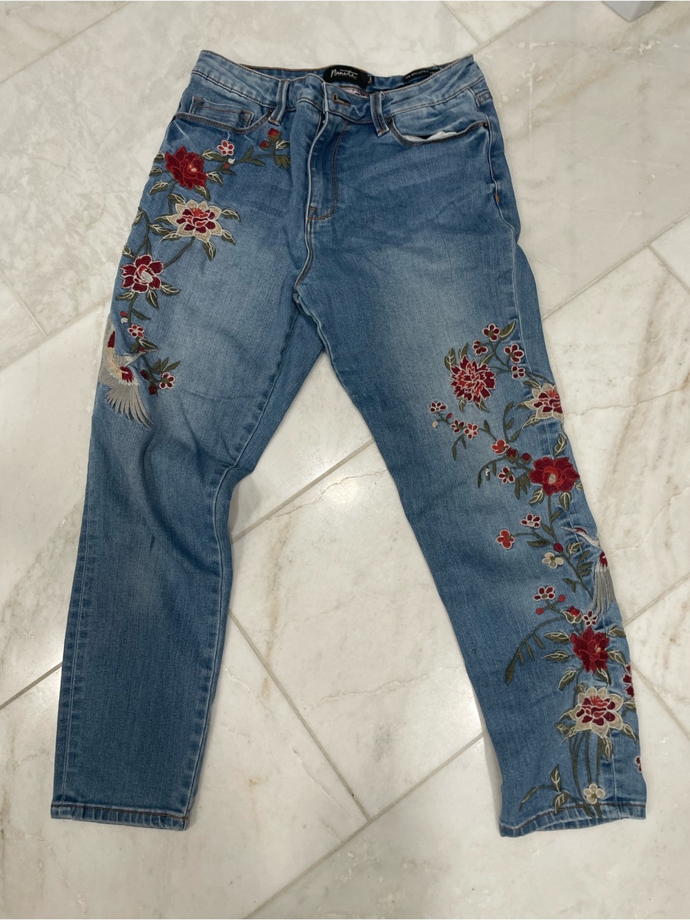 Nanette Lepore Light Blue crop Skinny Jeans with Red Floral Embroidery